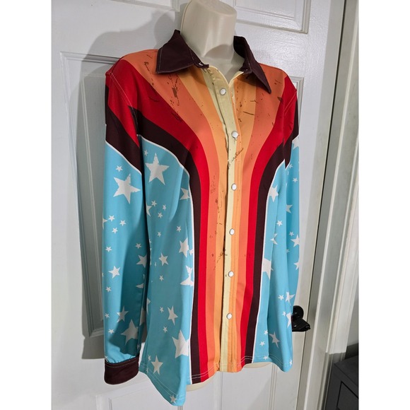 Ranch Dressn Western Style Long Sleeve Pearl Snap Shirt M Stars Stripes Retro - Picture 3 of 14